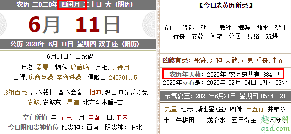 2020年陰歷多少天數(shù) 2020年閏月嗎是幾月2